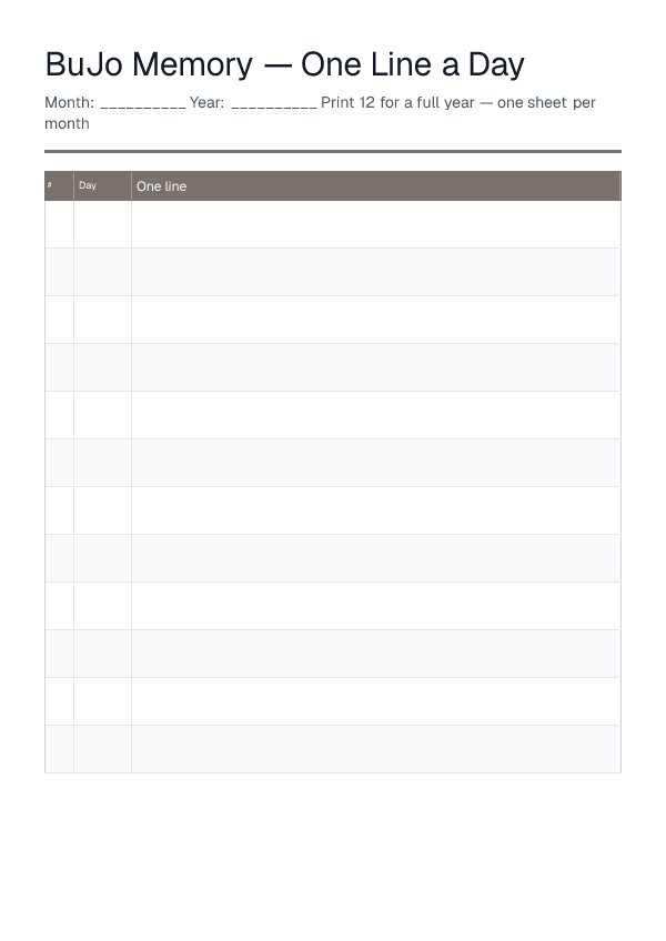Memory Page (One Line a Day) — printable PDF preview