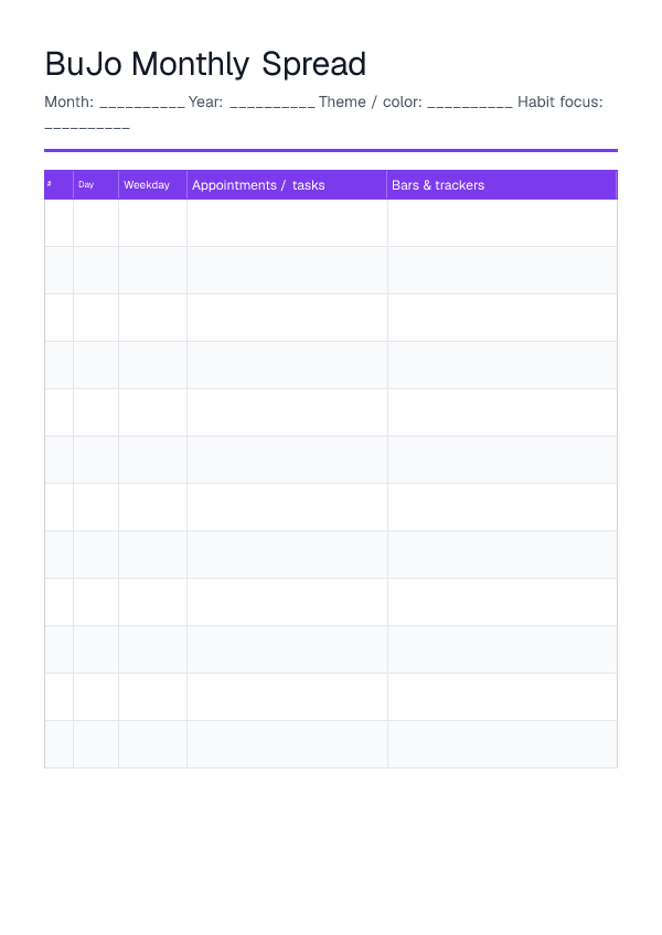 Monthly Spread — printable PDF preview