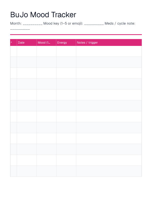 BuJo Mood Tracker — printable PDF preview