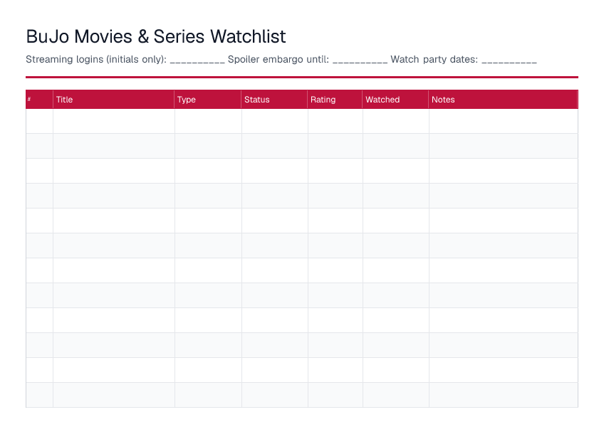 Movies / Series Watchlist — printable PDF preview
