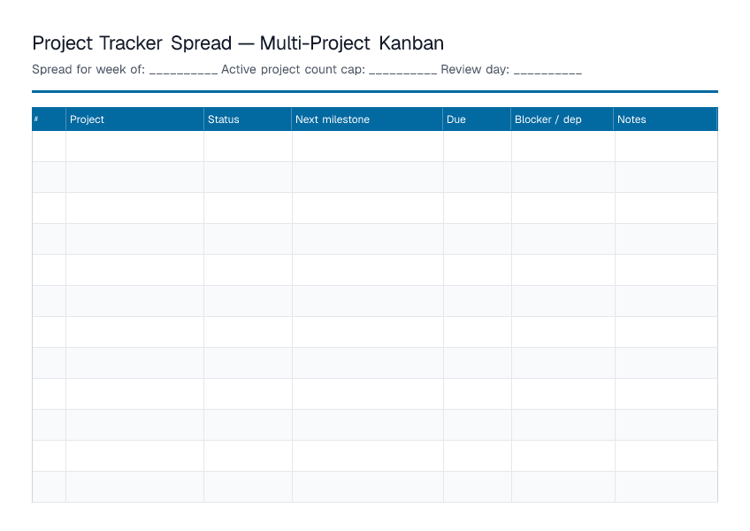 Project Tracker Spread — printable PDF preview