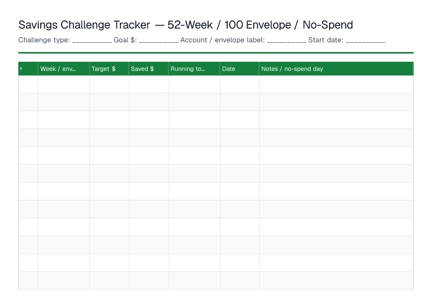 Savings Challenge Tracker — printable PDF preview