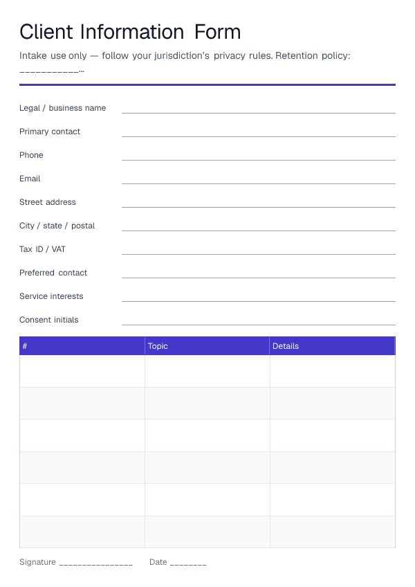 Client Information Form — printable PDF preview