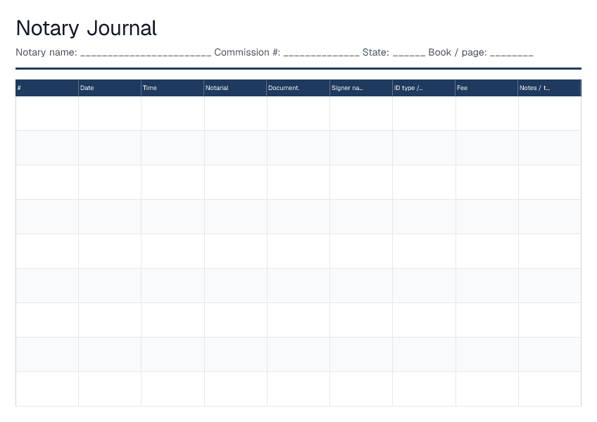 Notary Journal — printable PDF preview