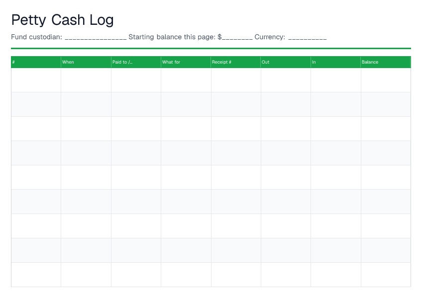 Petty Cash Log — printable PDF preview