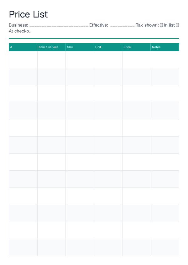 Price List — printable PDF preview
