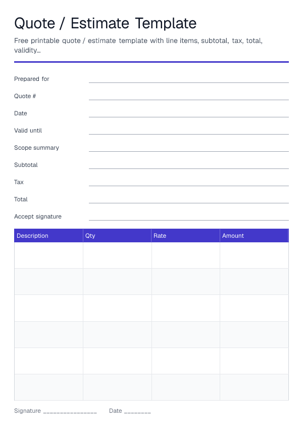 Quote / Estimate Template — printable PDF preview