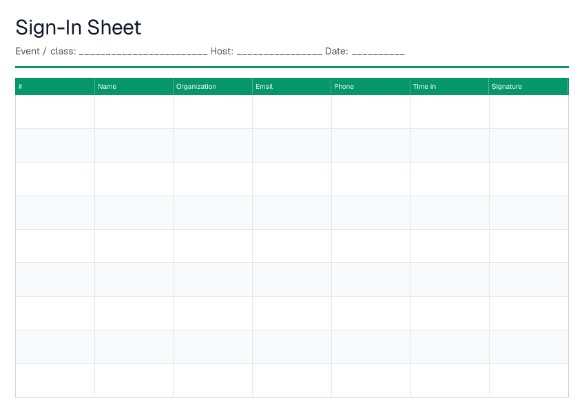 Sign-In Sheet — printable PDF preview