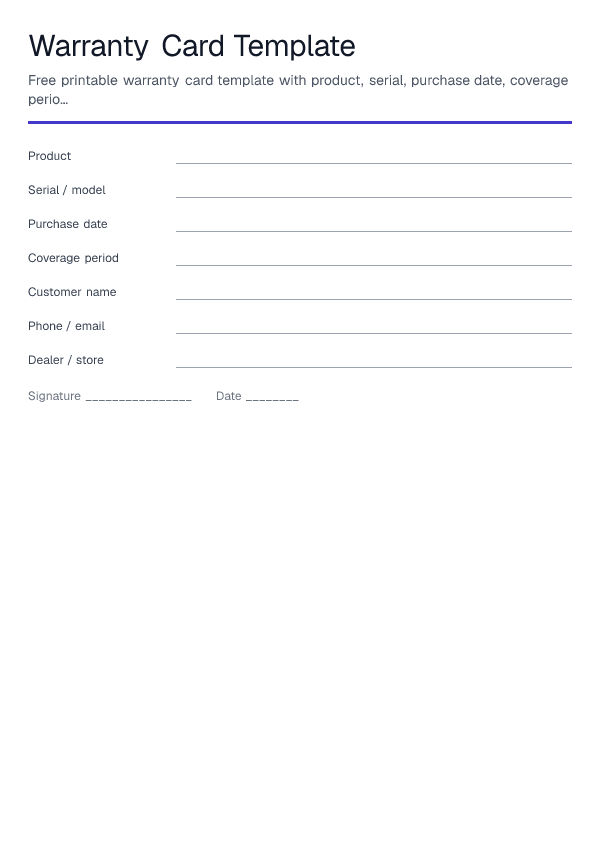 Warranty Card Template — printable PDF preview