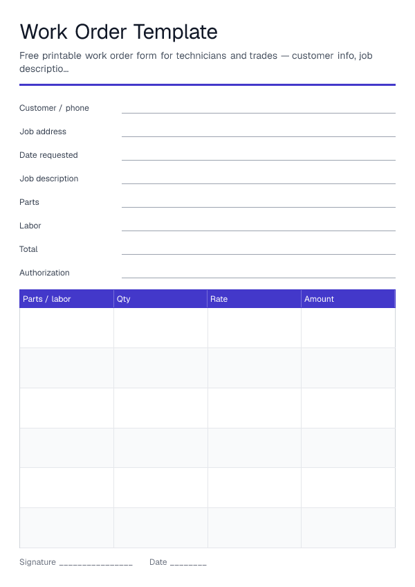 Work Order Template — printable PDF preview