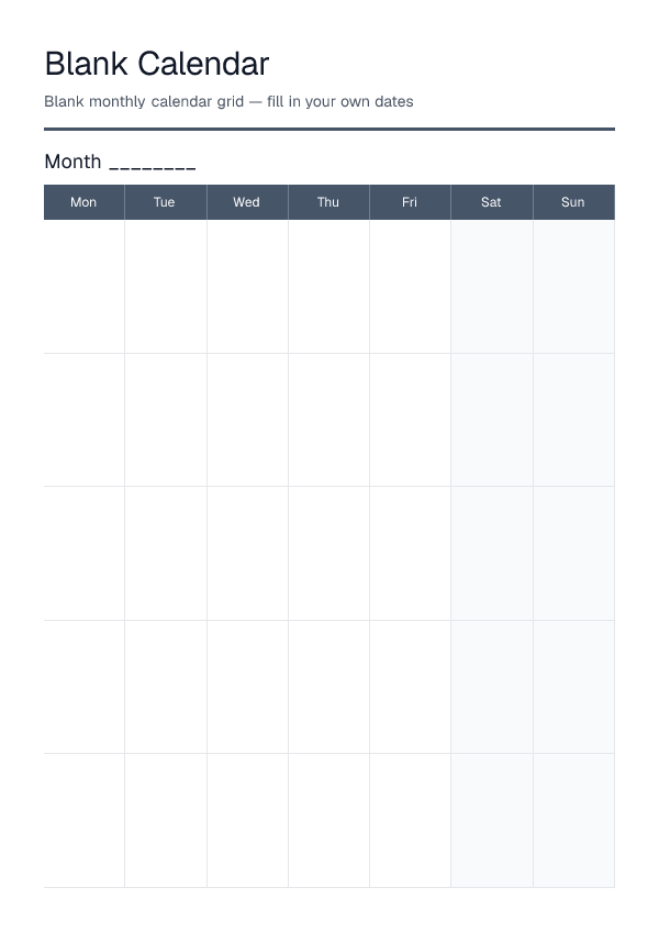 Blank Calendar — printable PDF preview