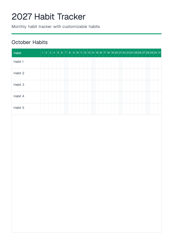2027 — Habit Tracker — printable PDF preview