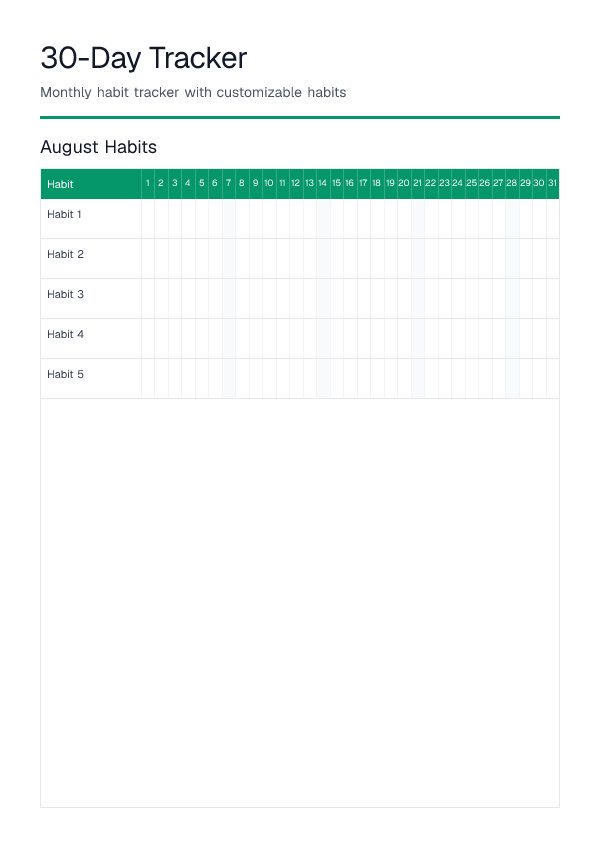 30 Day — Habit Tracker — printable PDF preview