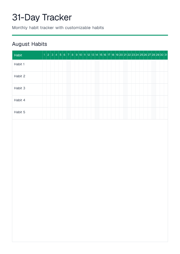 31 Day — Habit Tracker — printable PDF preview