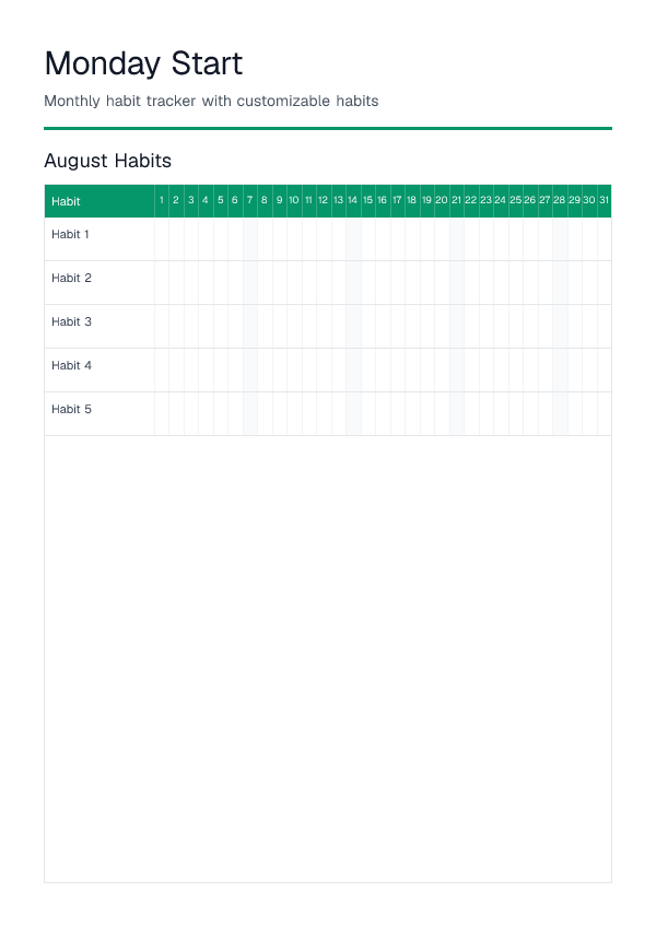 Monday Start — Habit Tracker — printable PDF preview