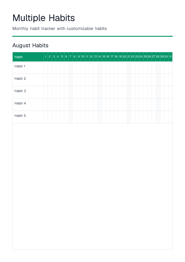 Multiple Habits — Habit Tracker — printable PDF preview