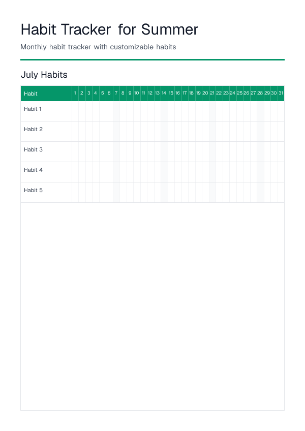Summer — Habit Tracker — printable PDF preview