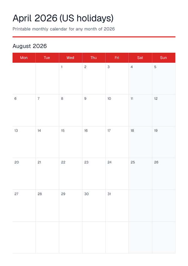 April 2026 Us Holidays — Monthly Calendar 2026 — printable PDF preview