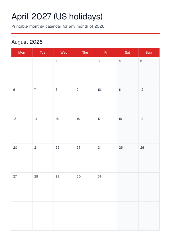 April 2027 Us Holidays — Monthly Calendar 2026 — printable PDF preview