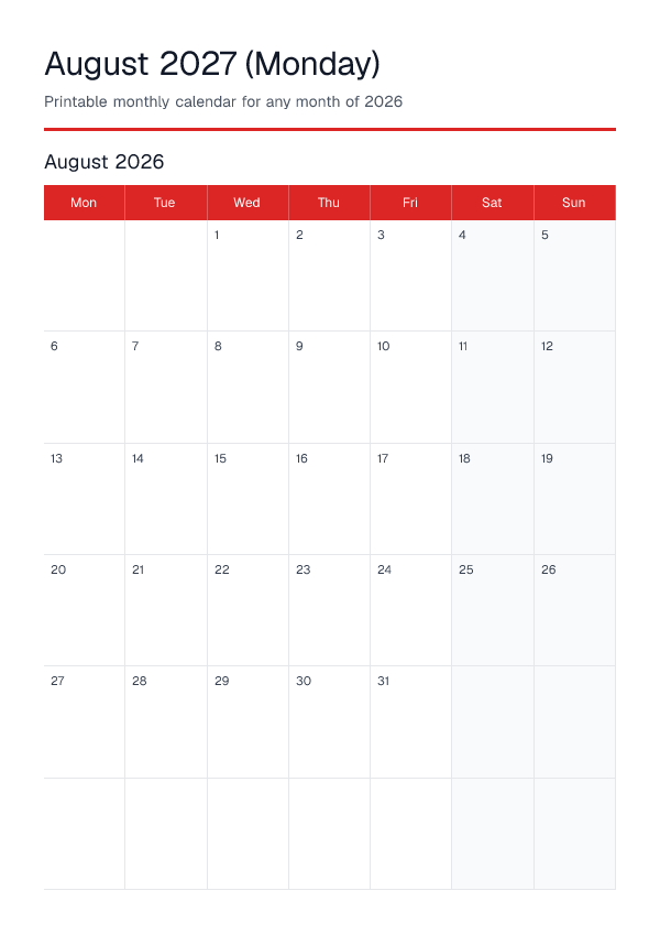 August 2027 Monday — Monthly Calendar 2026 — printable PDF preview