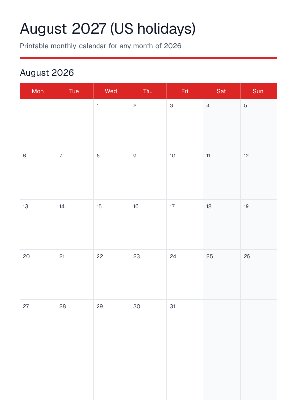 August 2027 Us Holidays — Monthly Calendar 2026 — printable PDF preview