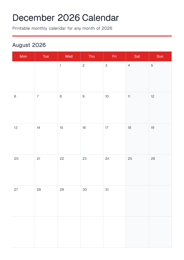 December 2026 — Monthly Calendar 2026 — printable PDF preview
