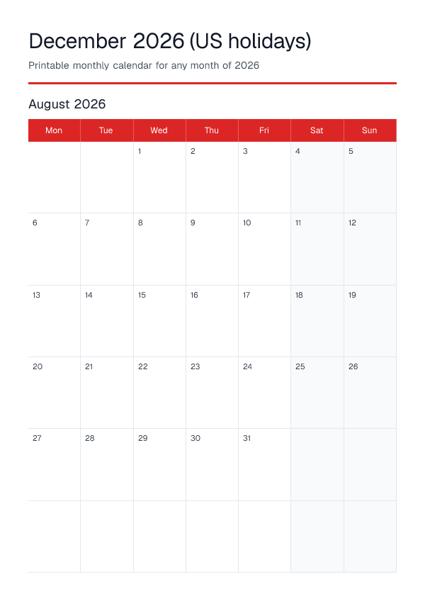December 2026 Us Holidays — Monthly Calendar 2026 — printable PDF preview