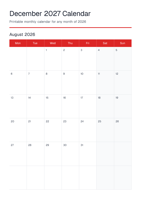 December 2027 — Monthly Calendar 2026 — printable PDF preview