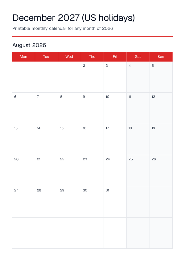 December 2027 Us Holidays — Monthly Calendar 2026 — printable PDF preview