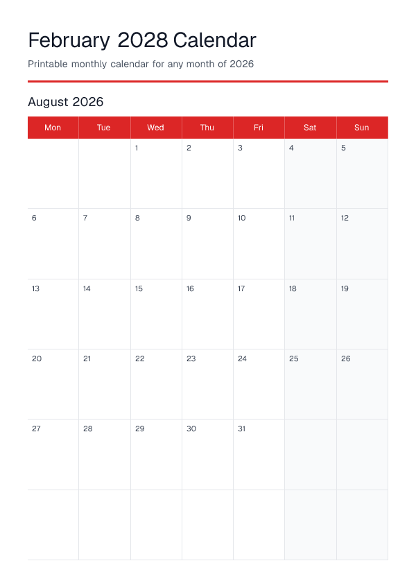 February 2028 — Monthly Calendar 2026 — printable PDF preview