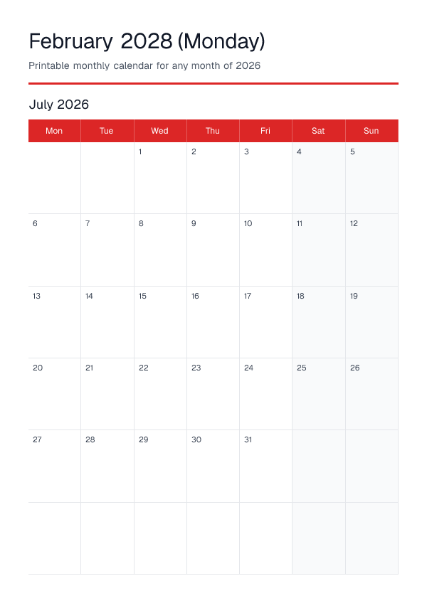 February 2028 Monday — Monthly Calendar 2026 — printable PDF preview