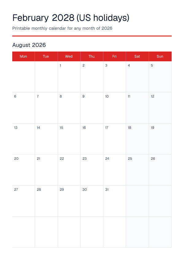 February 2028 Us Holidays — Monthly Calendar 2026 — printable PDF preview