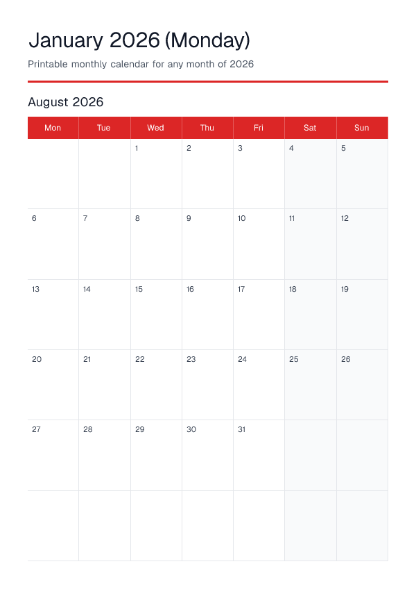 January 2026 Monday — Monthly Calendar 2026 — printable PDF preview