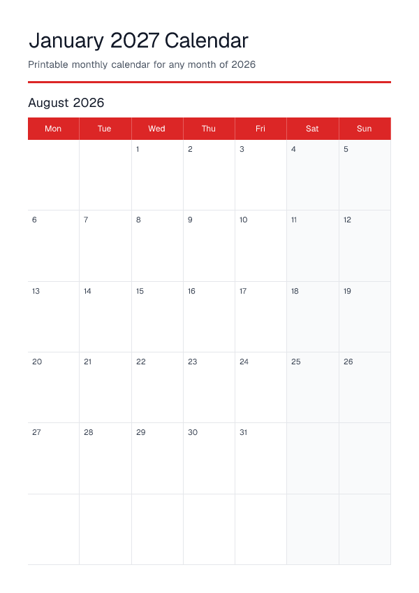 January 2027 — Monthly Calendar 2026 — printable PDF preview