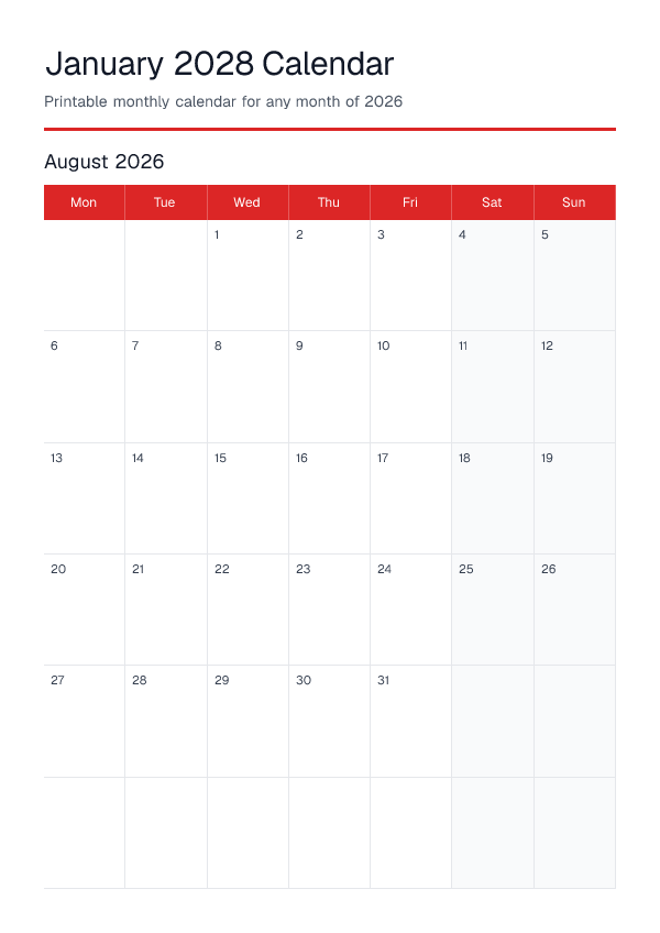 January 2028 — Monthly Calendar 2026 — printable PDF preview