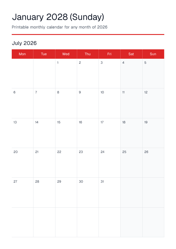 January 2028 Sunday — Monthly Calendar 2026 — printable PDF preview