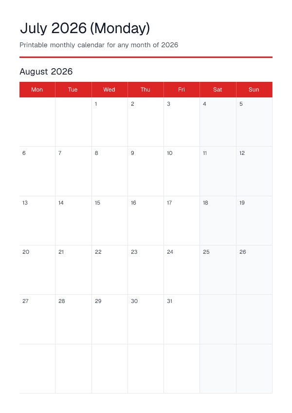 July 2026 Monday — Monthly Calendar 2026 — printable PDF preview