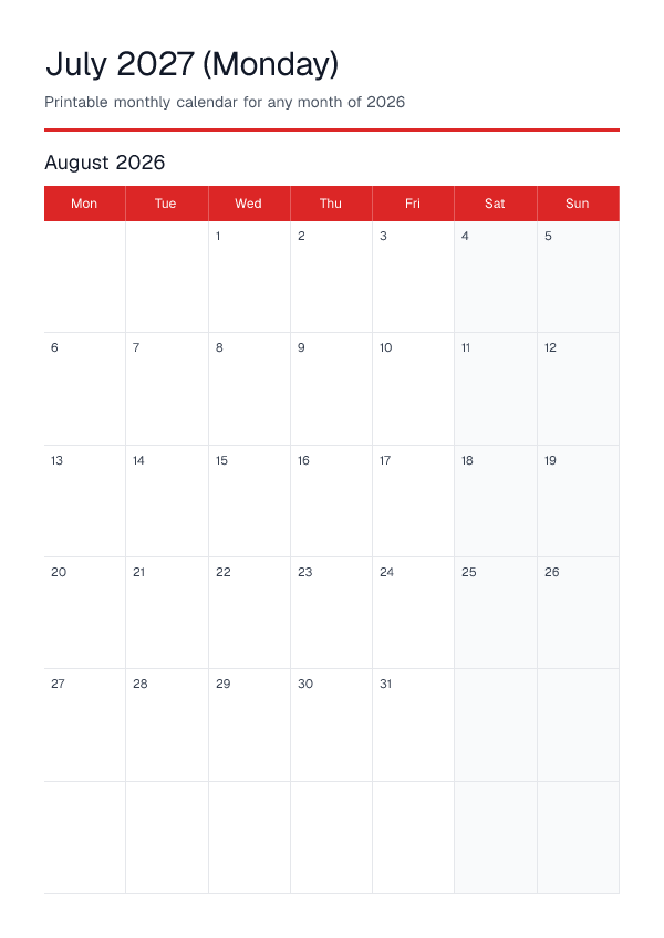 July 2027 Monday — Monthly Calendar 2026 — printable PDF preview