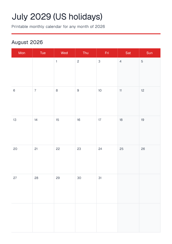 July 2029 Us Holidays — Monthly Calendar 2026 — printable PDF preview