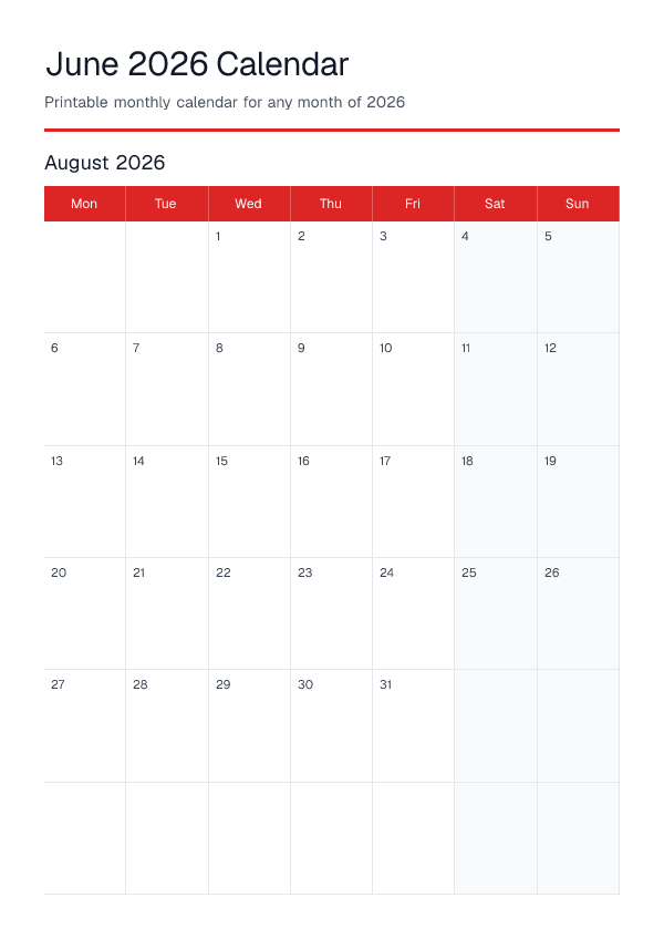 June 2026 — Monthly Calendar 2026 — printable PDF preview
