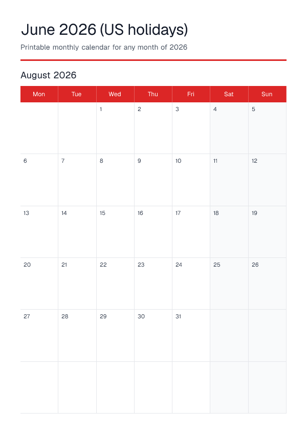June 2026 Us Holidays — Monthly Calendar 2026 — printable PDF preview