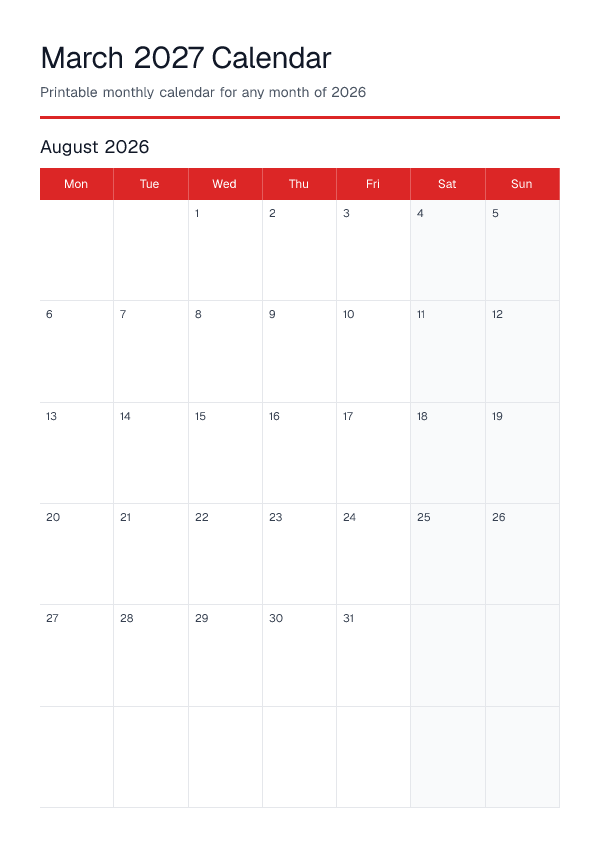 March 2027 — Monthly Calendar 2026 — printable PDF preview