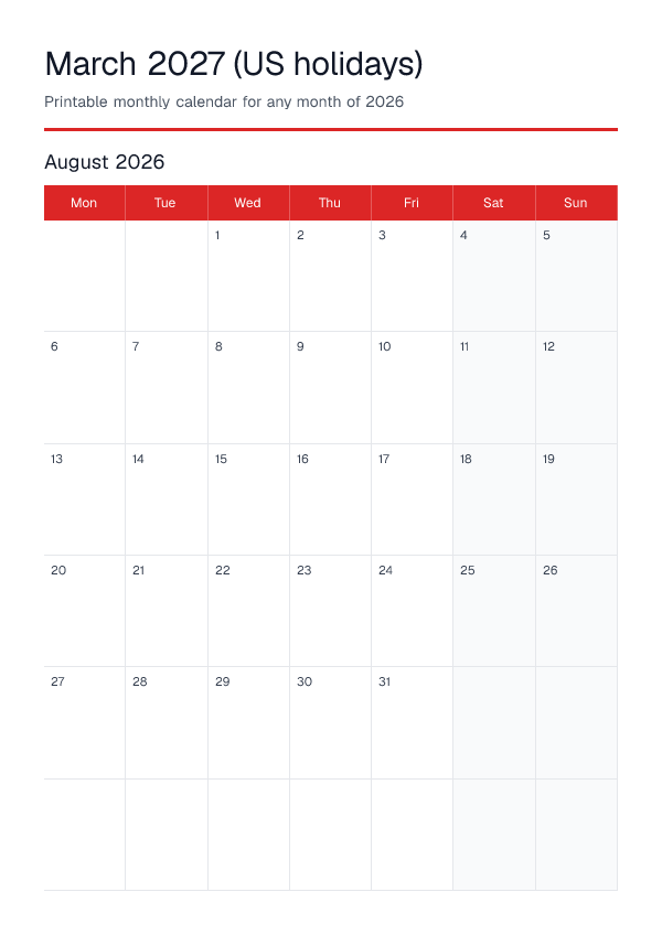 March 2027 Us Holidays — Monthly Calendar 2026 — printable PDF preview