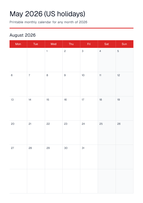 May 2026 Us Holidays — Monthly Calendar 2026 — printable PDF preview