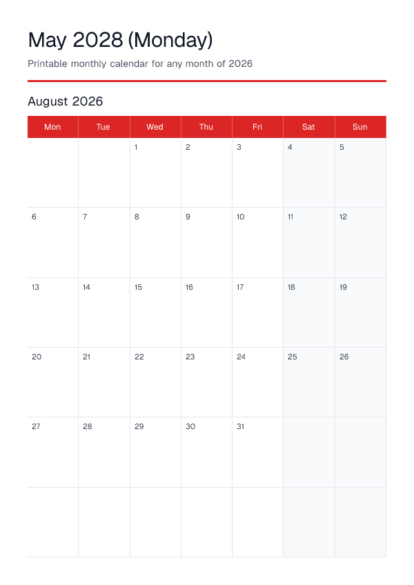 May 2028 Monday — Monthly Calendar 2026 — printable PDF preview