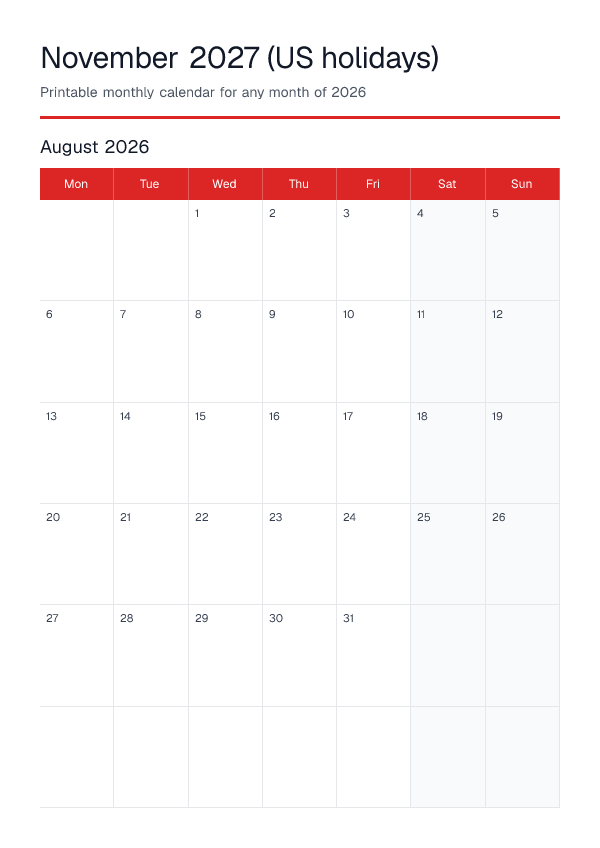 November 2027 Us Holidays — Monthly Calendar 2026 — printable PDF preview