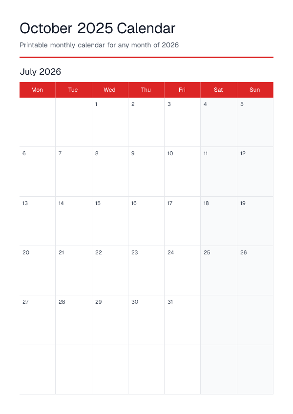 October 2025 — Monthly Calendar 2026 — printable PDF preview