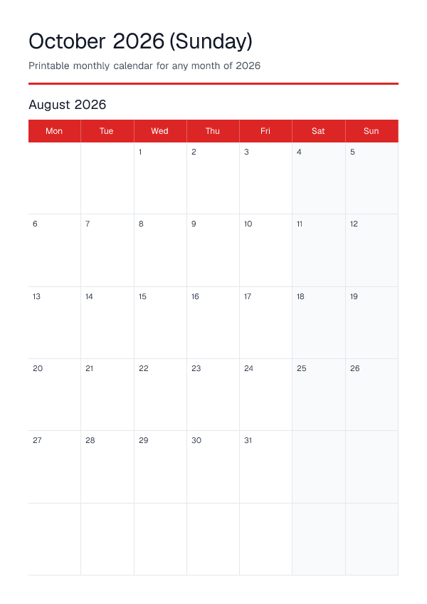 October 2026 Sunday — Monthly Calendar 2026 — printable PDF preview