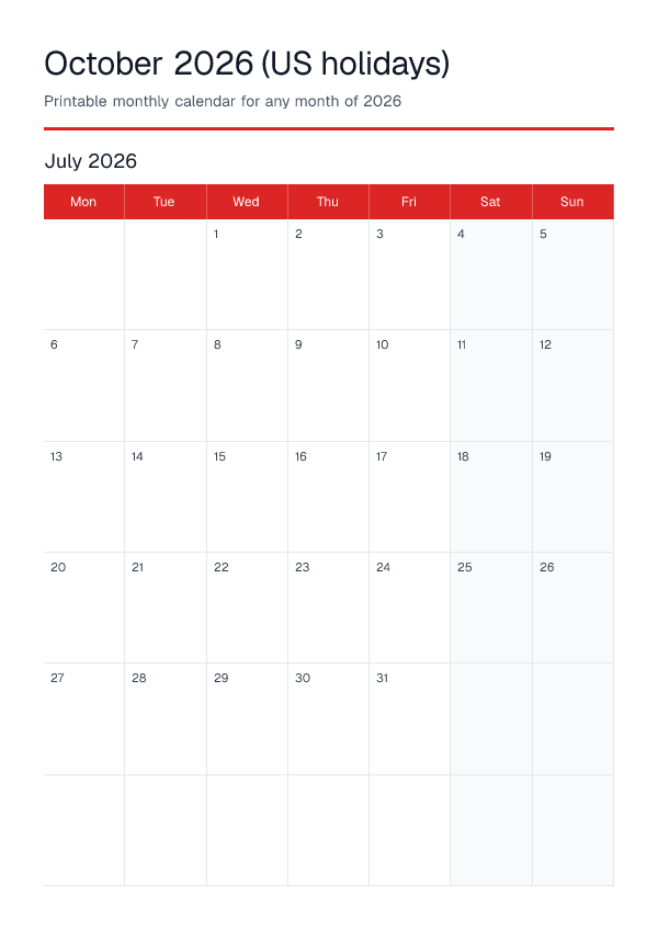 October 2026 Us Holidays — Monthly Calendar 2026 — printable PDF preview