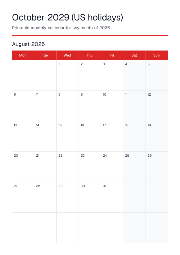 October 2029 Us Holidays — Monthly Calendar 2026 — printable PDF preview